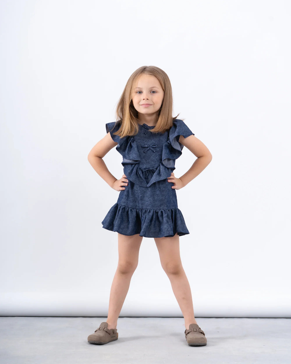 Ruffled Denim-Effect Dress with Ribbon Details - Venti