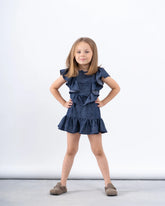 Ruffled Denim-Effect Dress with Ribbon Details - Venti