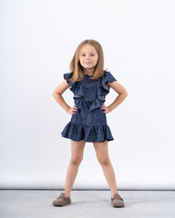 Ruffled Denim-Effect Dress with Ribbon Details