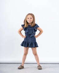 Ruffled Denim-Effect Dress with Ribbon Details - Venti