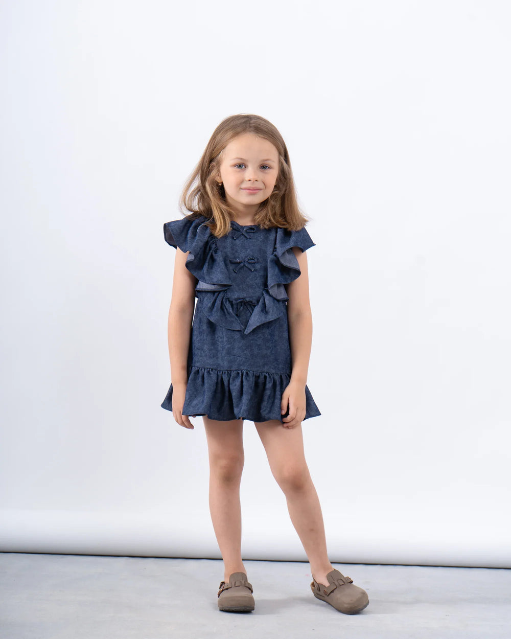 Ruffled Denim-Effect Dress with Ribbon Details - Venti