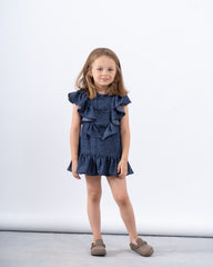 Ruffled Denim-Effect Dress with Ribbon Details