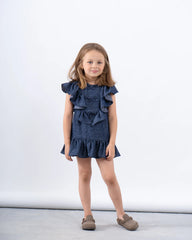 Ruffled Denim-Effect Dress with Ribbon Details - Venti