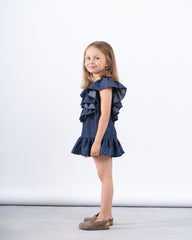 Ruffled Denim-Effect Dress with Ribbon Details