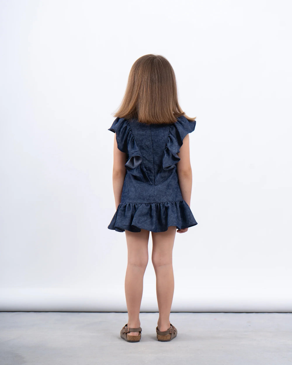 Ruffled Denim-Effect Dress with Ribbon Details - Venti
