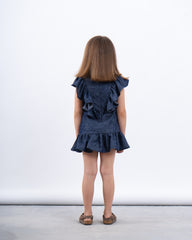 Ruffled Denim-Effect Dress with Ribbon Details