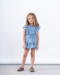 Ruffled Denim-Effect Dress with Ribbon Details