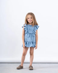 Ruffled Denim-Effect Dress with Ribbon Details - Venti