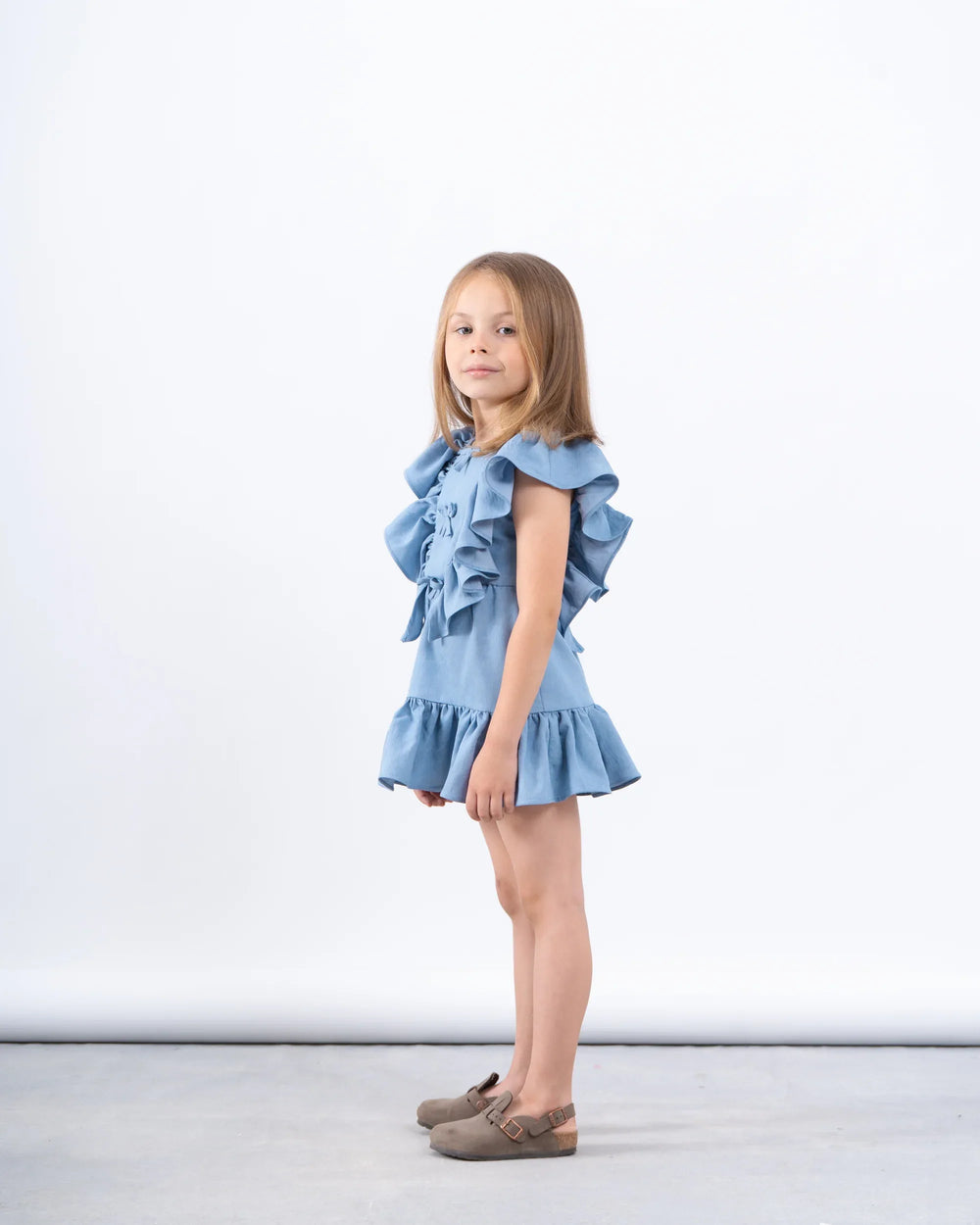 Ruffled Denim-Effect Dress with Ribbon Details - Venti