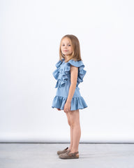Ruffled Denim-Effect Dress with Ribbon Details