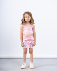 Gingham Ruched Skirt With Flower