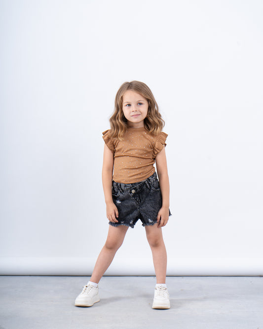 Ruffle Sleeve Embellished Ribbed Top