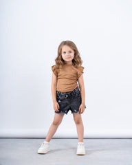 Ruffle Sleeve Embellished Ribbed Top