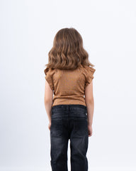 Ruffle Sleeve Embellished Ribbed Top