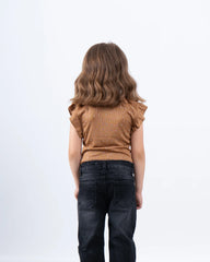 Ruffle Sleeve Embellished Ribbed Top - Venti