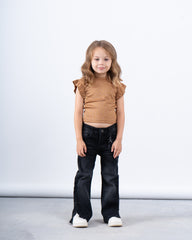 Ruffle Sleeve Embellished Ribbed Top