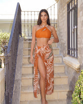 Terracotta Textured Halter Bikini & Palm Sarong Set
