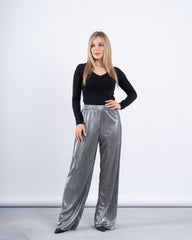Metallic Pleated Wide-Leg Pants