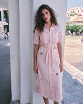 Women's "Postcard Edit" Shirt Dress - Embroidered Motif Patches, Belted Maxi Fit
