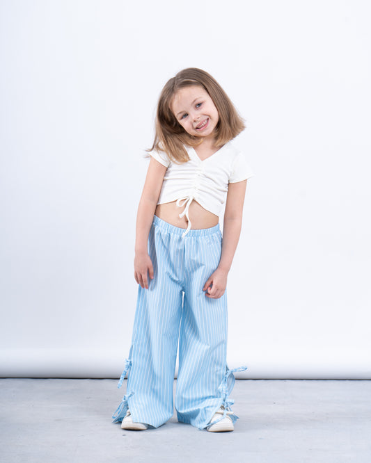 Striped Wide-Leg Pants with Side Ribbons