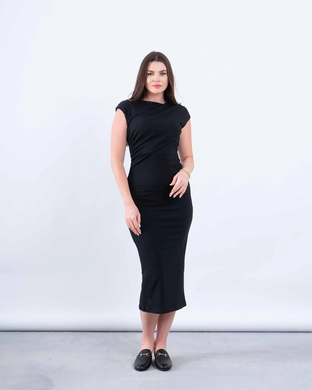 Draped Shoulder Bodycon Midi Dress - Venti