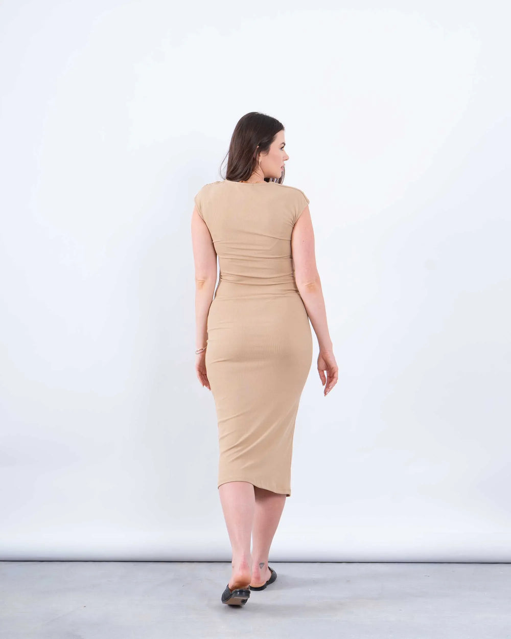 Draped Shoulder Bodycon Midi Dress - Venti