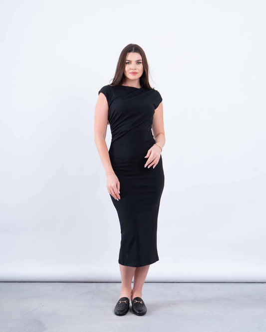 Draped Shoulder Bodycon Midi Dress