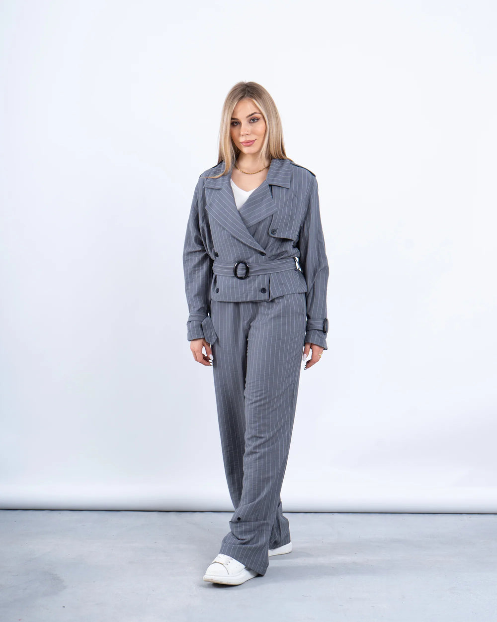 Pinstripe Cropped Trench Jacket - Venti