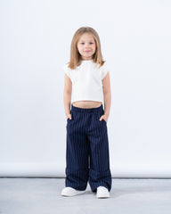 Pinstripe Wide-Leg Fold Leg Pants