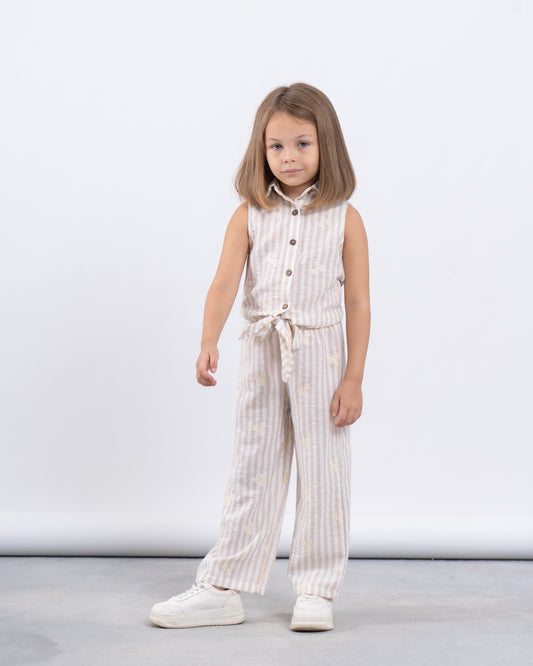 Striped Wide-Leg Pants With Embroidery