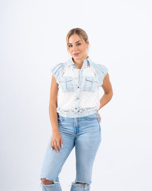 Lace Striped Buttoned Vest