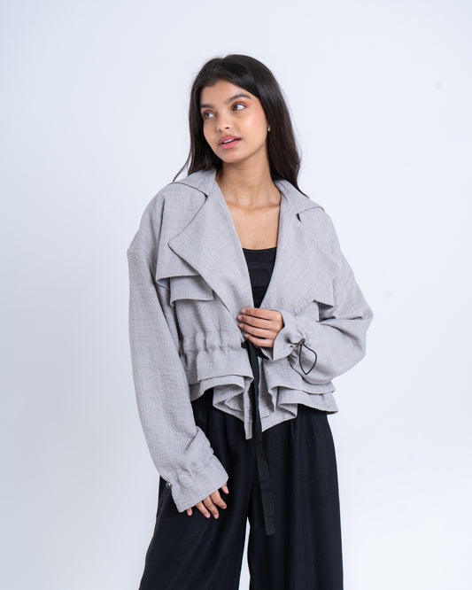 Cropped Layered Linen Trench Jacket