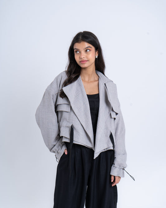 Cropped Layered Linen Trench Jacket