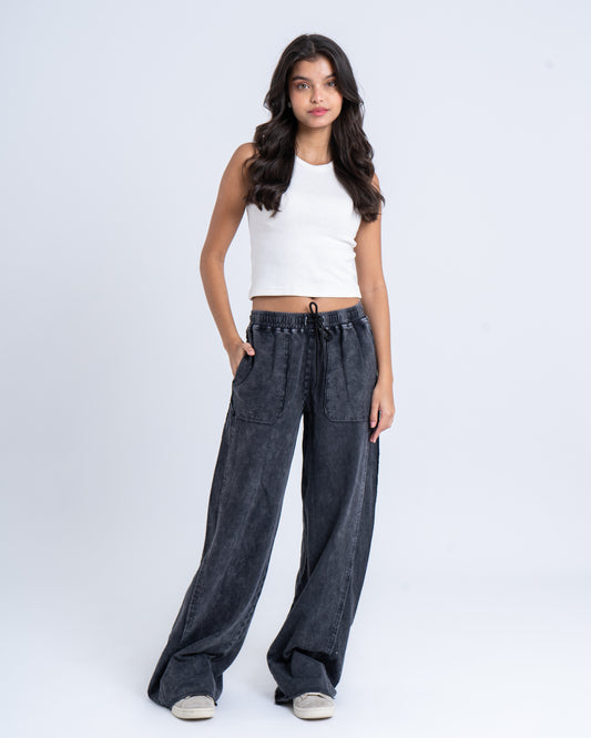 Wide-Leg Stone-Wash Pants