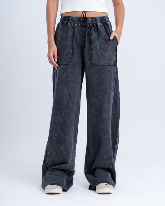 Wide-Leg Stone-Wash Pants