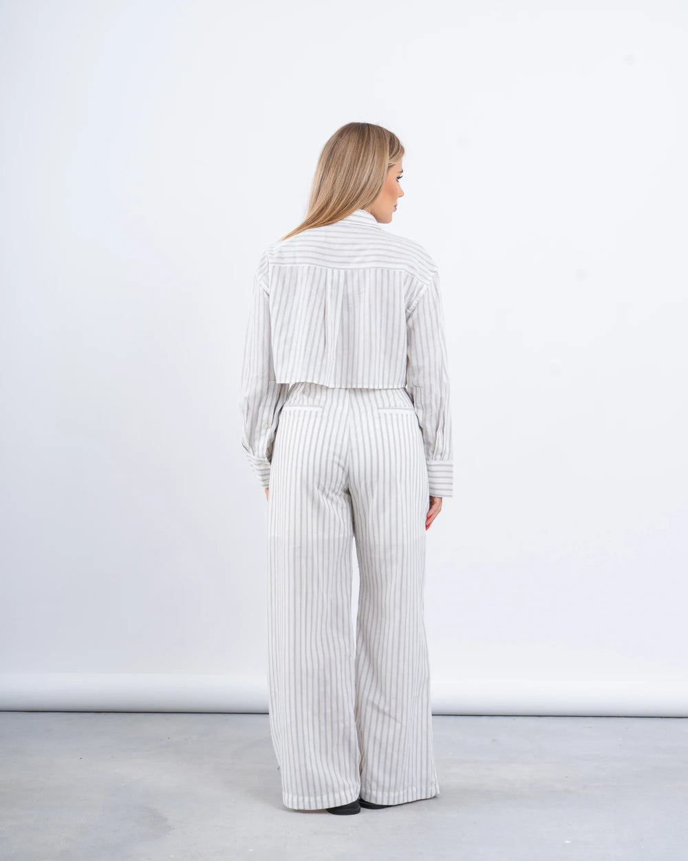 Striped Linen Cropped Shirt & Wide-Leg Pants Set - Venti
