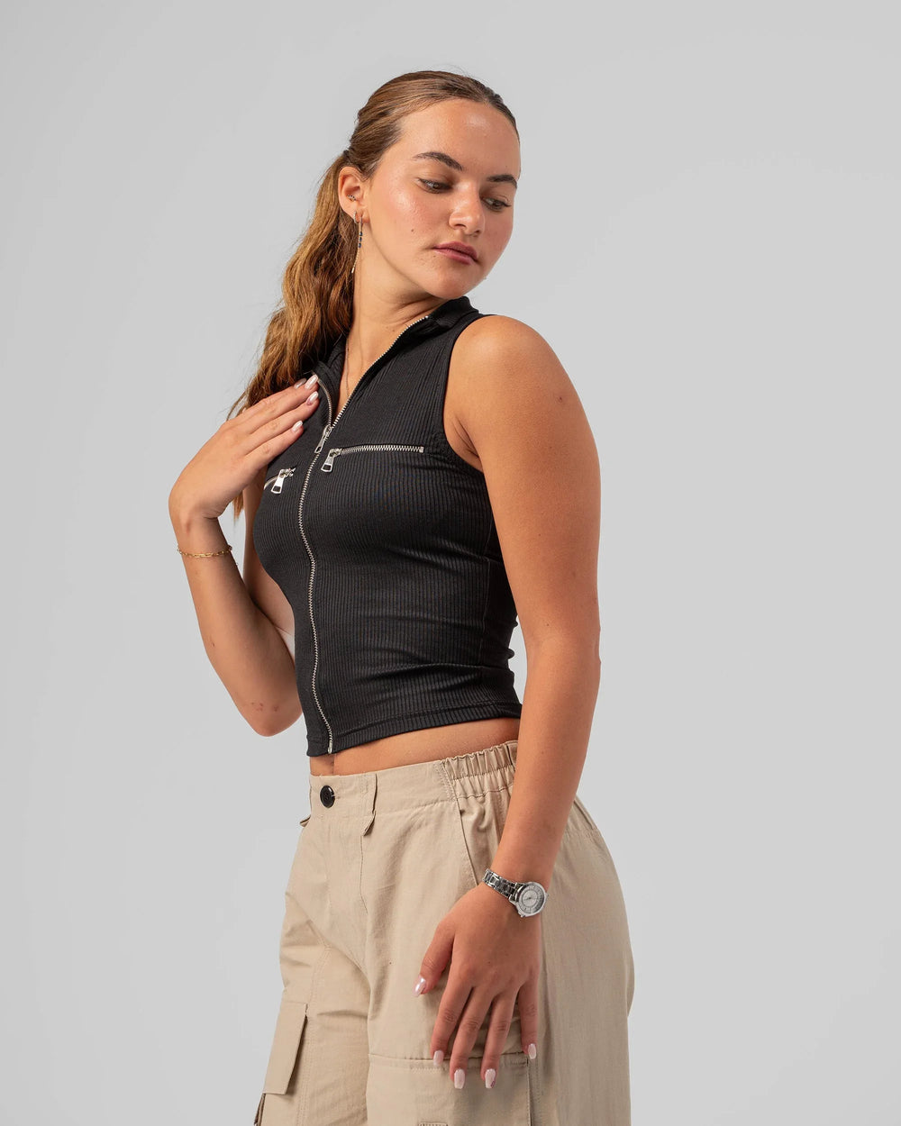 Zip Up Ribbed Polo Top - Venti
