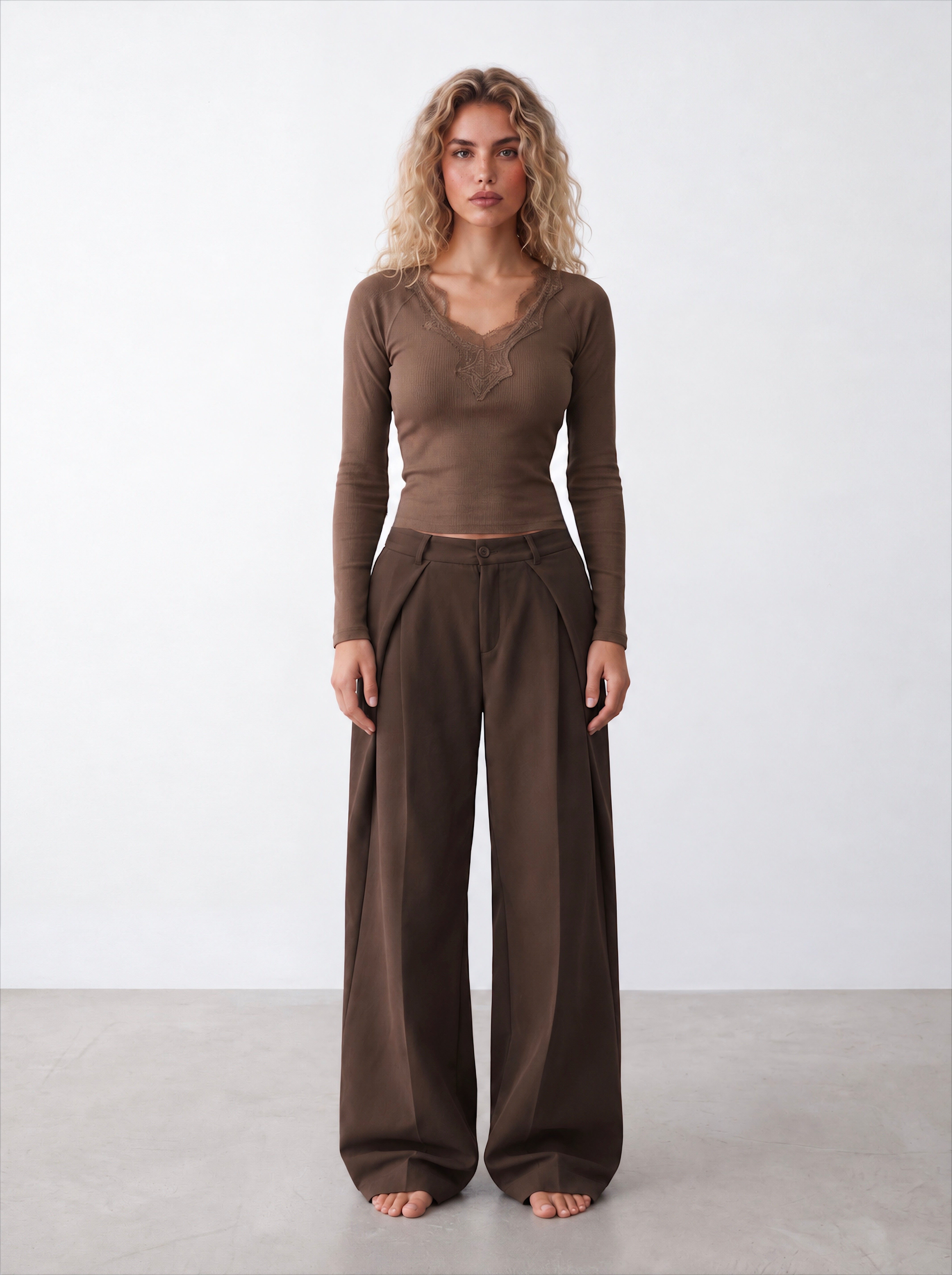 Women lace trims v neck top