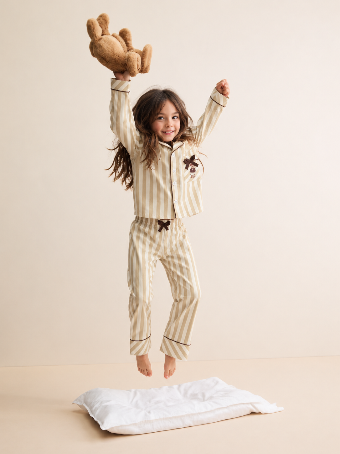 Kids' "Teddy Stripe" Button-Down Pajama Set – Cozy Sleepwear Lounge Set!