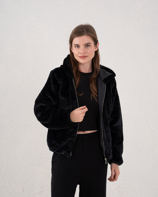 Faux Fur Zip-Up Hooded Jacket