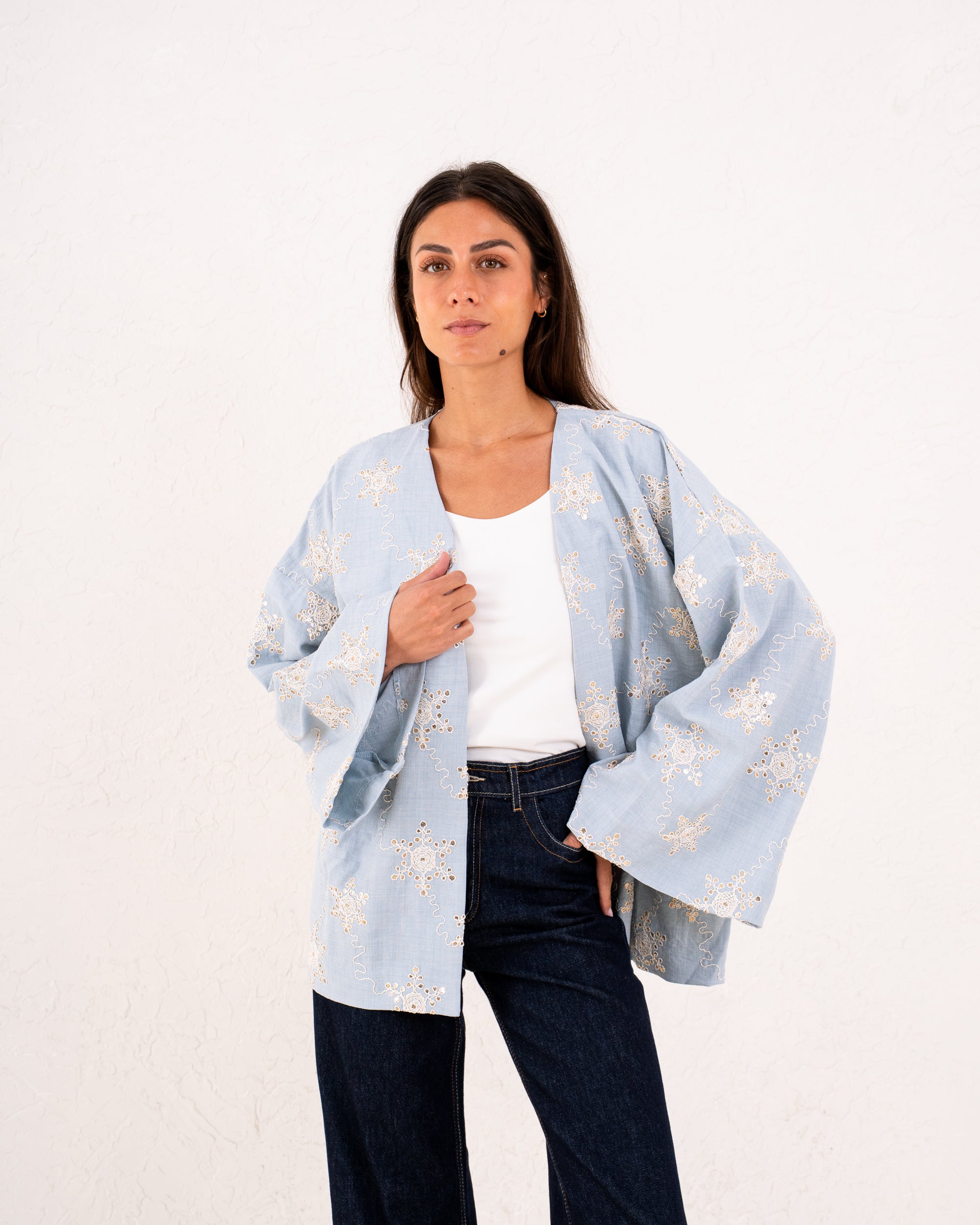 Women linen sparkled wrap kimono