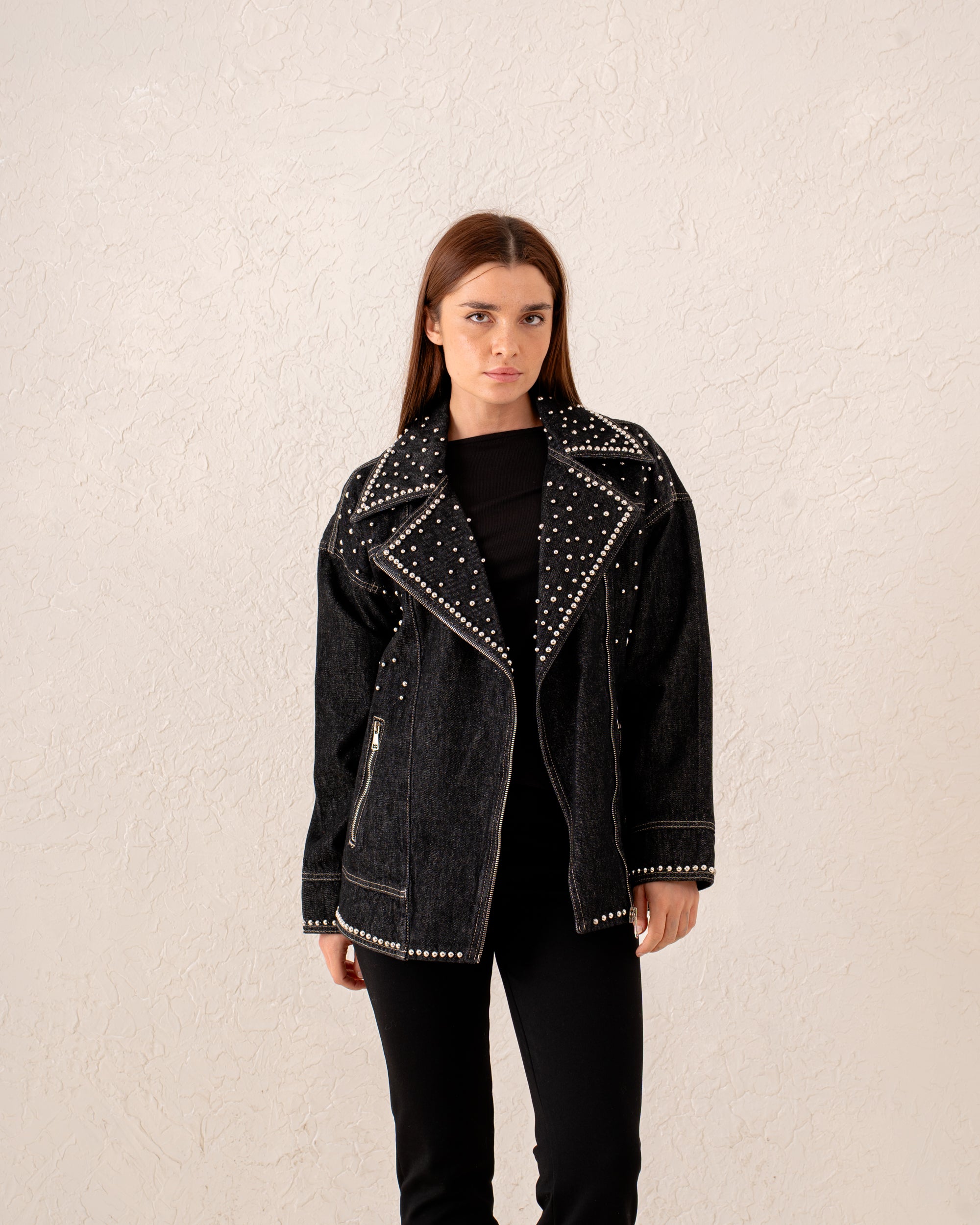 Women studded biker denim Jacket