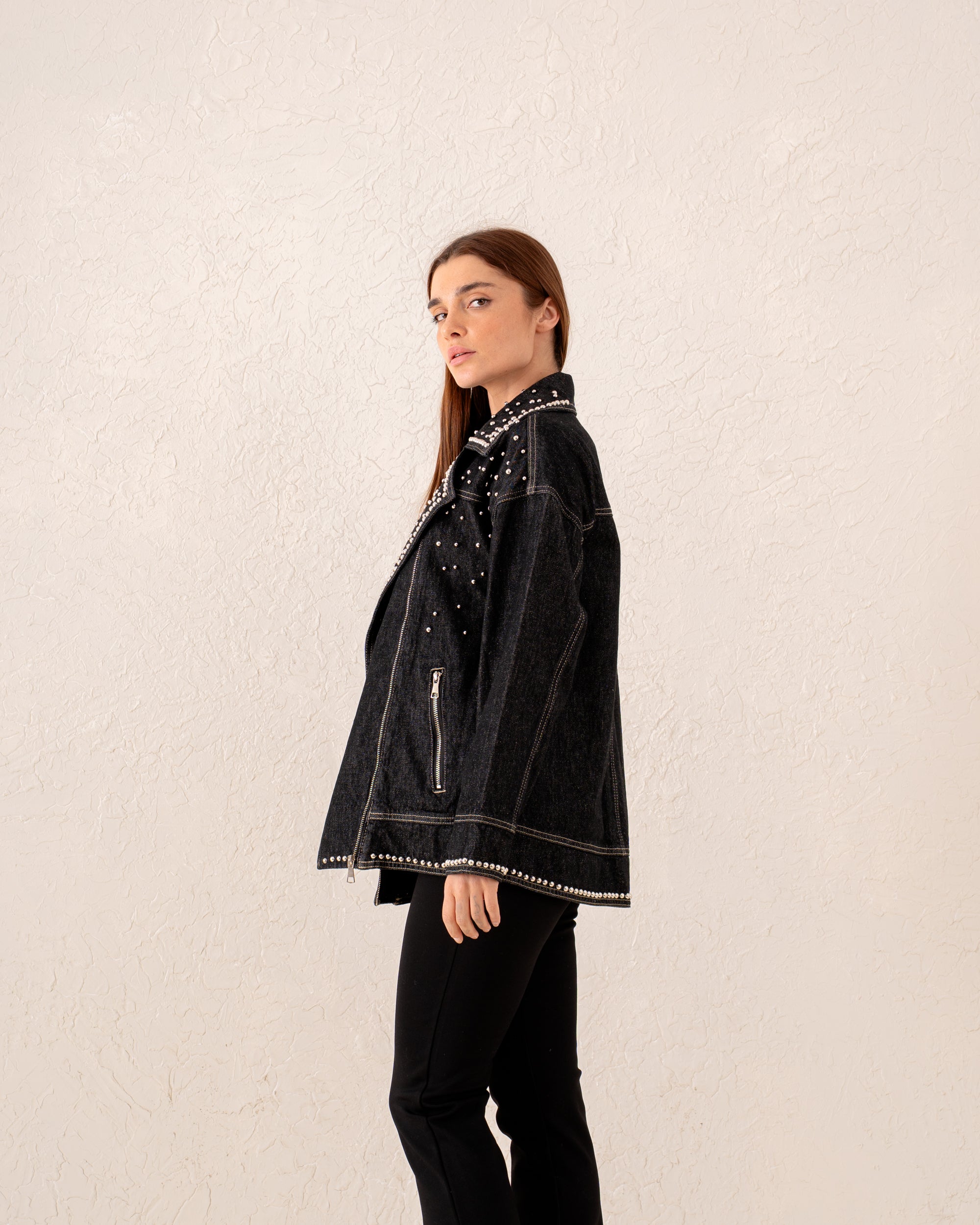 Women studded biker denim Jacket