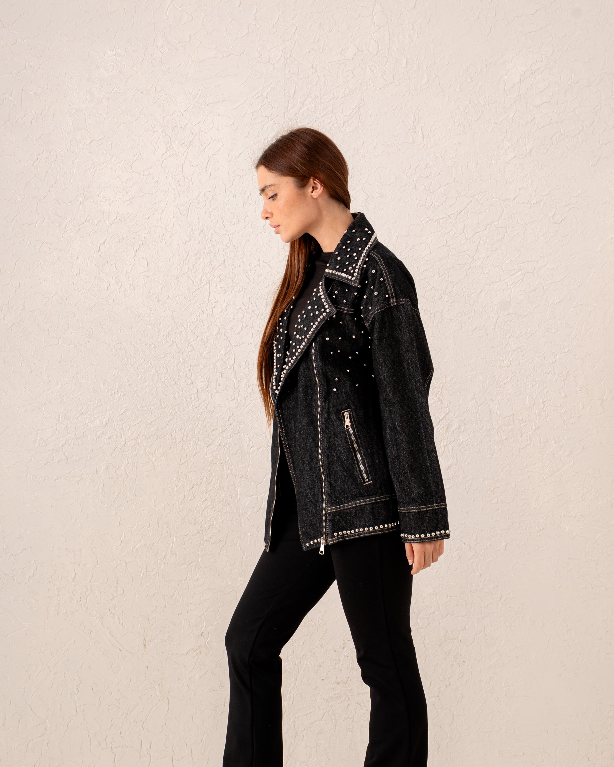 Women studded biker denim Jacket