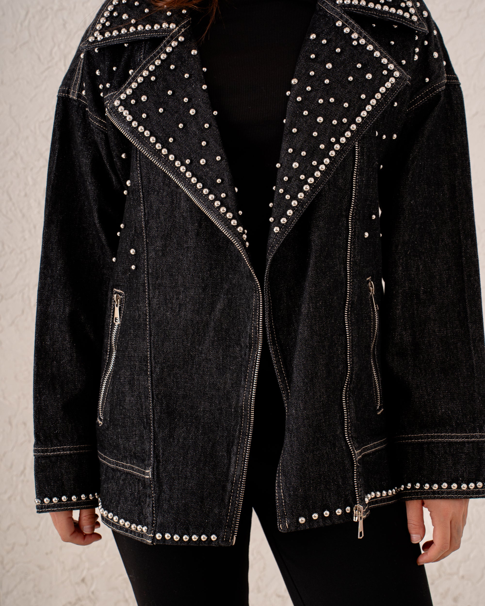 Women studded biker denim Jacket
