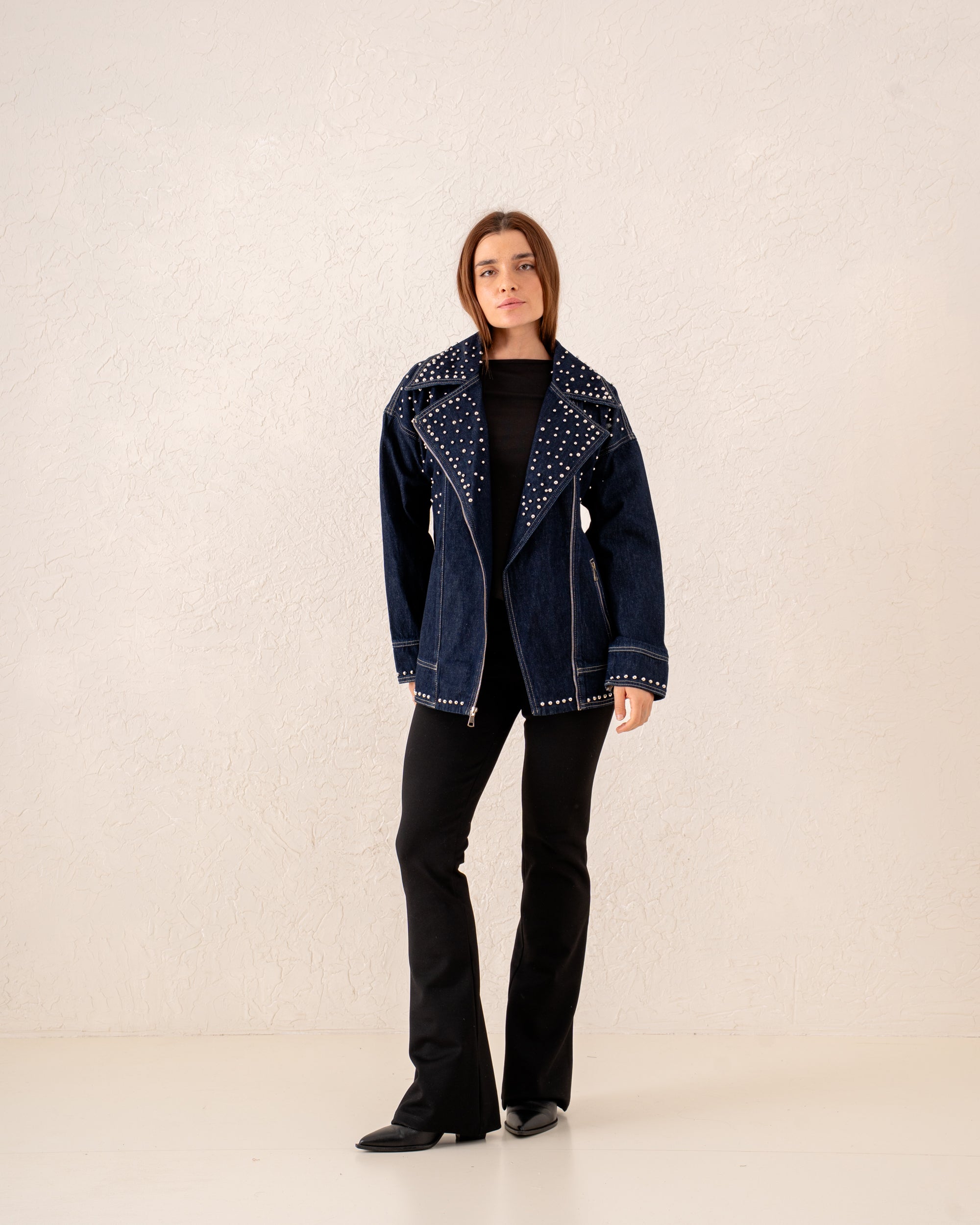 Women studded biker denim Jacket