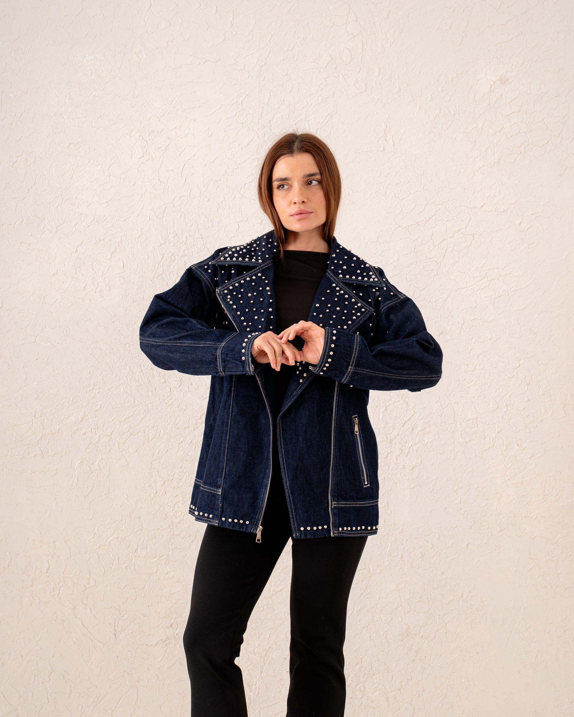 Women studded biker denim Jacket