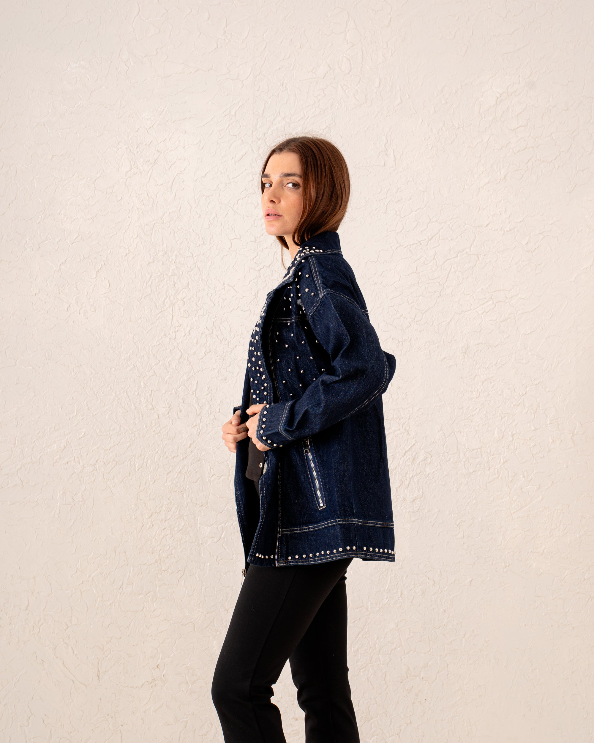 Women studded biker denim Jacket