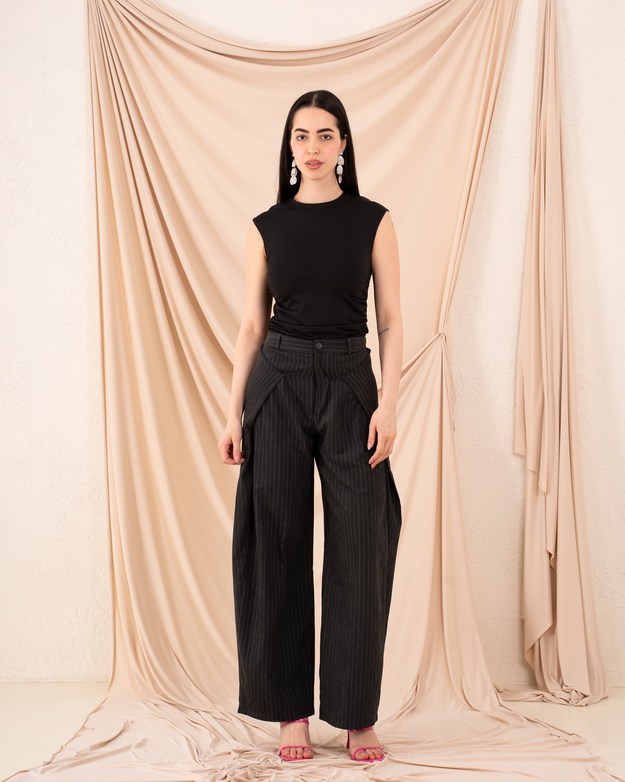 Women Striped Side Folds Pants