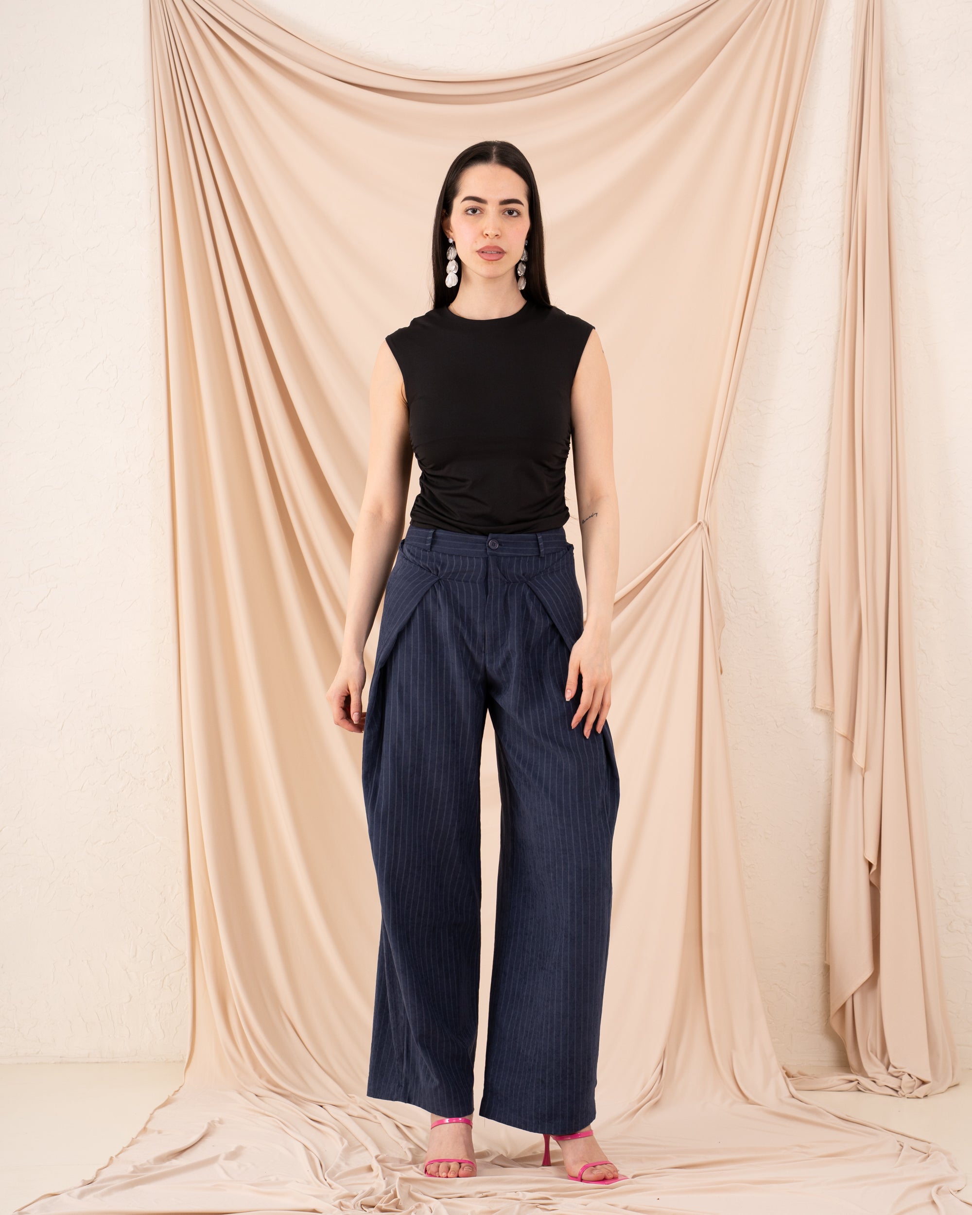 Women Striped Side Folds Pants